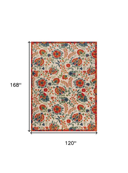 10' X 14' Ivory Orange Blue Green And Red Floral Indoor Outdoor Area Rug HomeRoots