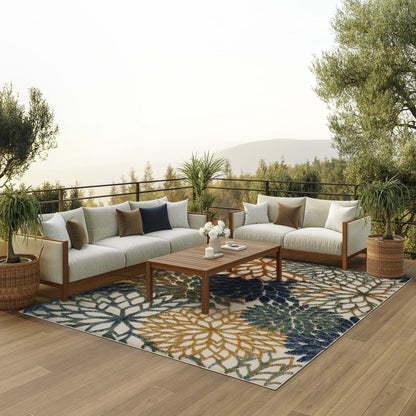 9' X 12' Blue Green Ivory And Orange Floral Indoor Outdoor Area Rug HomeRoots