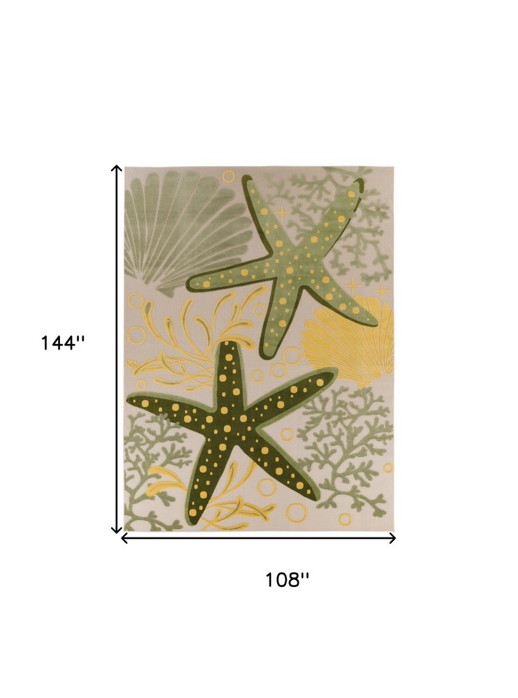 9' X 12' Green Yellow Blue Ivory And Dark Green Starfish Indoor Outdoor Area Rug HomeRoots