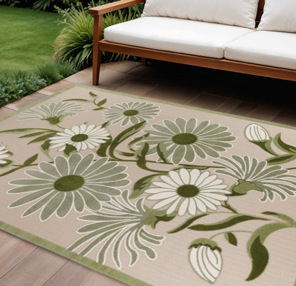 9' X 12' Ivory And Green Floral Indoor Outdoor Area Rug HomeRoots