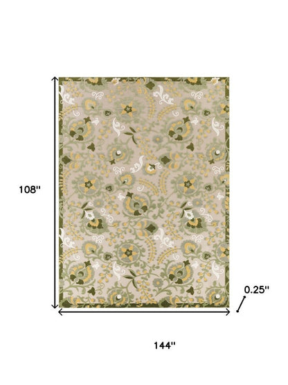 9' X 12' Ivory Green And Yellow Floral Indoor Outdoor Area Rug HomeRoots