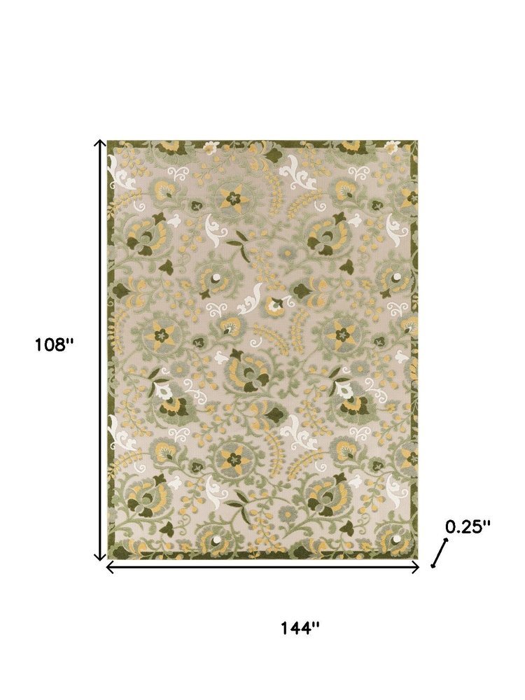 9' X 12' Ivory Green And Yellow Floral Indoor Outdoor Area Rug HomeRoots