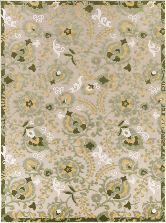 9' X 12' Ivory Green And Yellow Floral Indoor Outdoor Area Rug HomeRoots