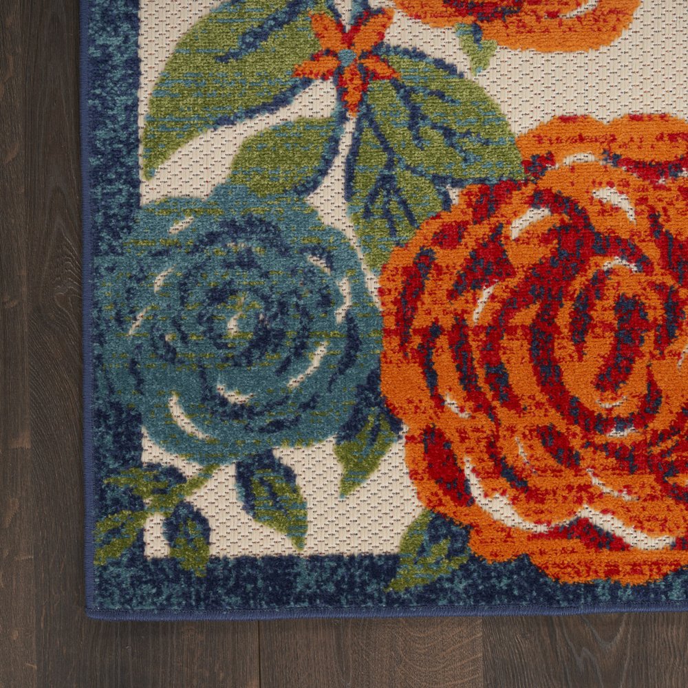 9' X 12' Ivory Green Blue Red And Orange Floral Indoor Outdoor Area Rug HomeRoots