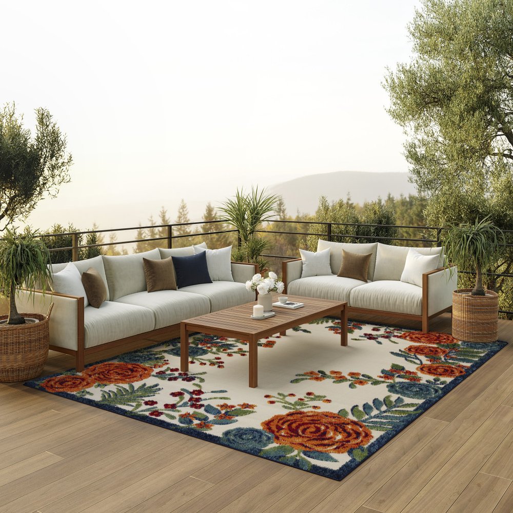 9' X 12' Ivory Green Blue Red And Orange Floral Indoor Outdoor Area Rug HomeRoots