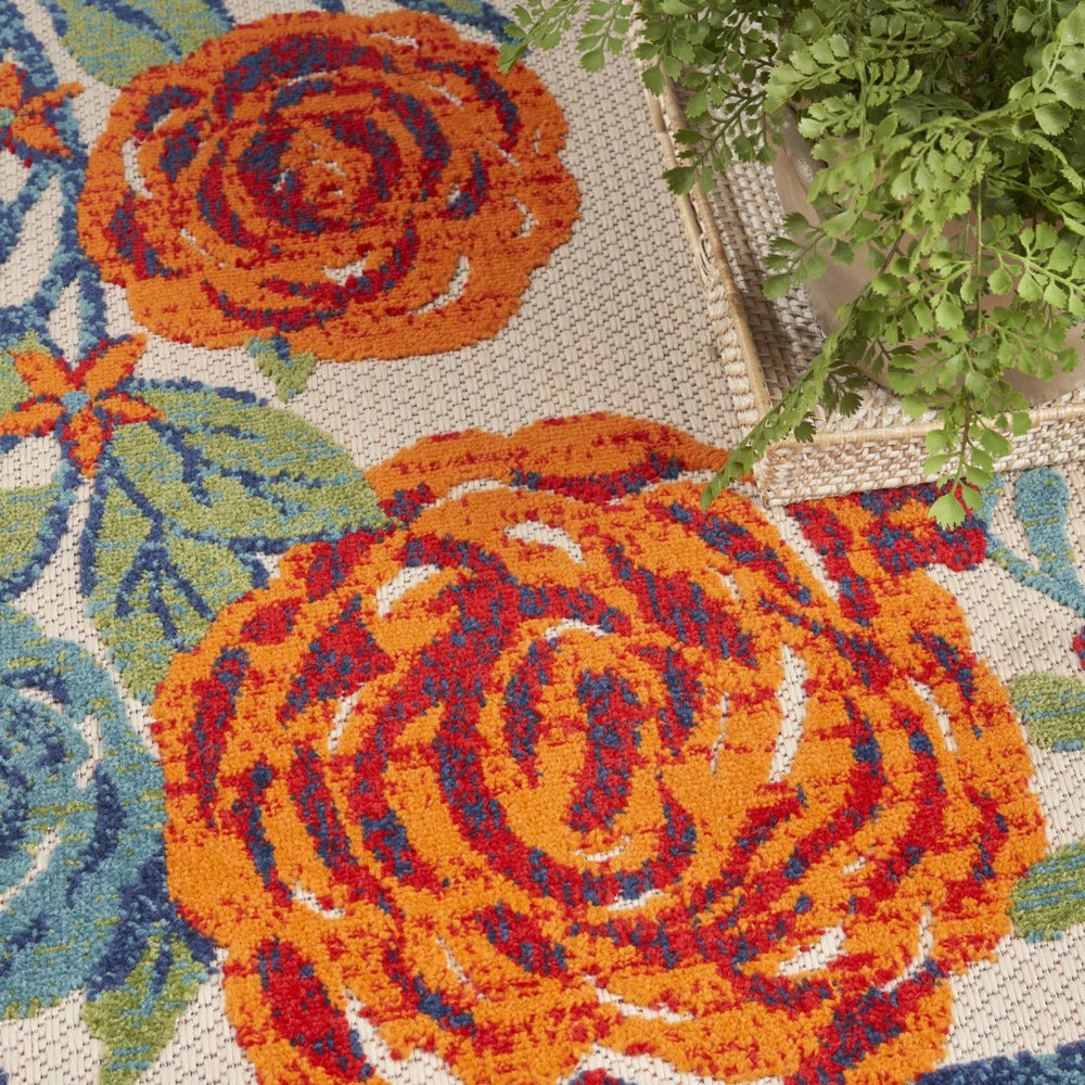 9' X 12' Ivory Green Blue Red And Orange Floral Indoor Outdoor Area Rug HomeRoots
