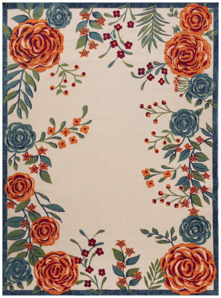 9' X 12' Ivory Green Blue Red And Orange Floral Indoor Outdoor Area Rug HomeRoots