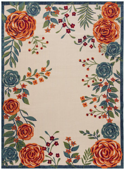 9' X 12' Ivory Green Blue Red And Orange Floral Indoor Outdoor Area Rug HomeRoots