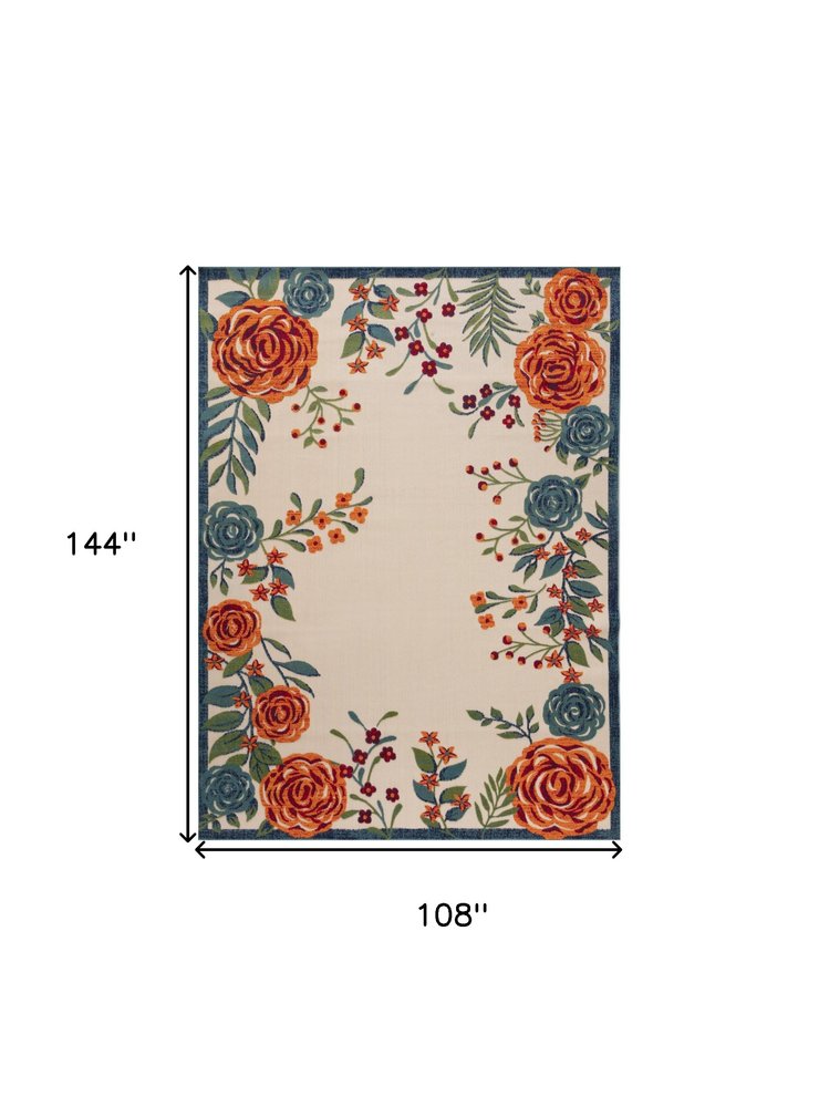 9' X 12' Ivory Green Blue Red And Orange Floral Indoor Outdoor Area Rug HomeRoots