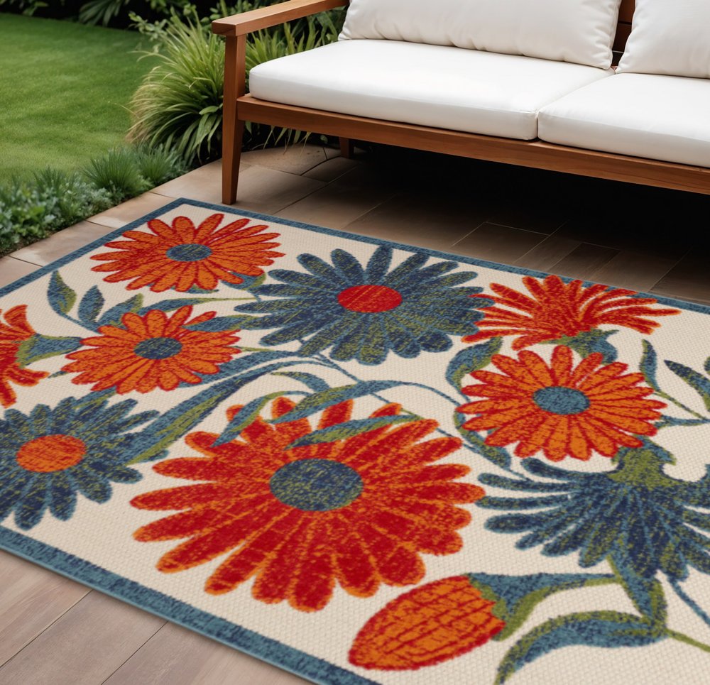 9' X 12' Ivory Red Blue And Green Floral Indoor Outdoor Area Rug HomeRoots