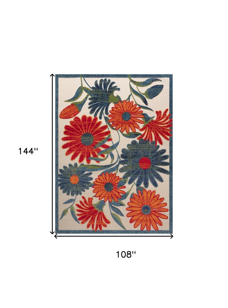 9' X 12' Ivory Red Blue And Green Floral Indoor Outdoor Area Rug HomeRoots