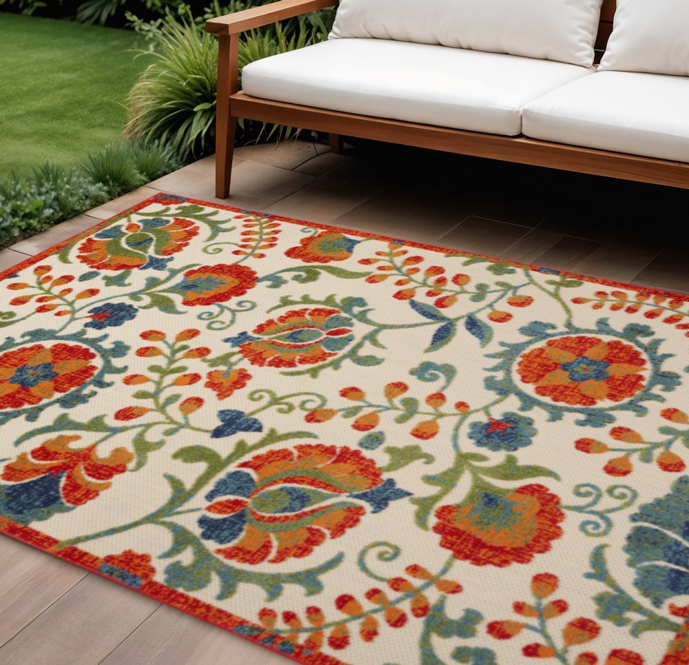 9' X 12' Ivory Red Blue And Green Floral Indoor Outdoor Area Rug HomeRoots