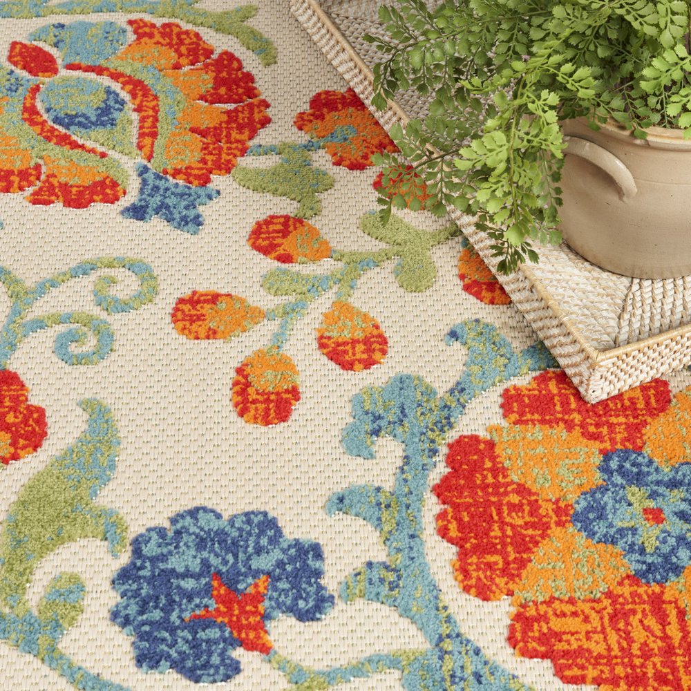 9' X 12' Ivory Red Blue And Green Floral Indoor Outdoor Area Rug HomeRoots