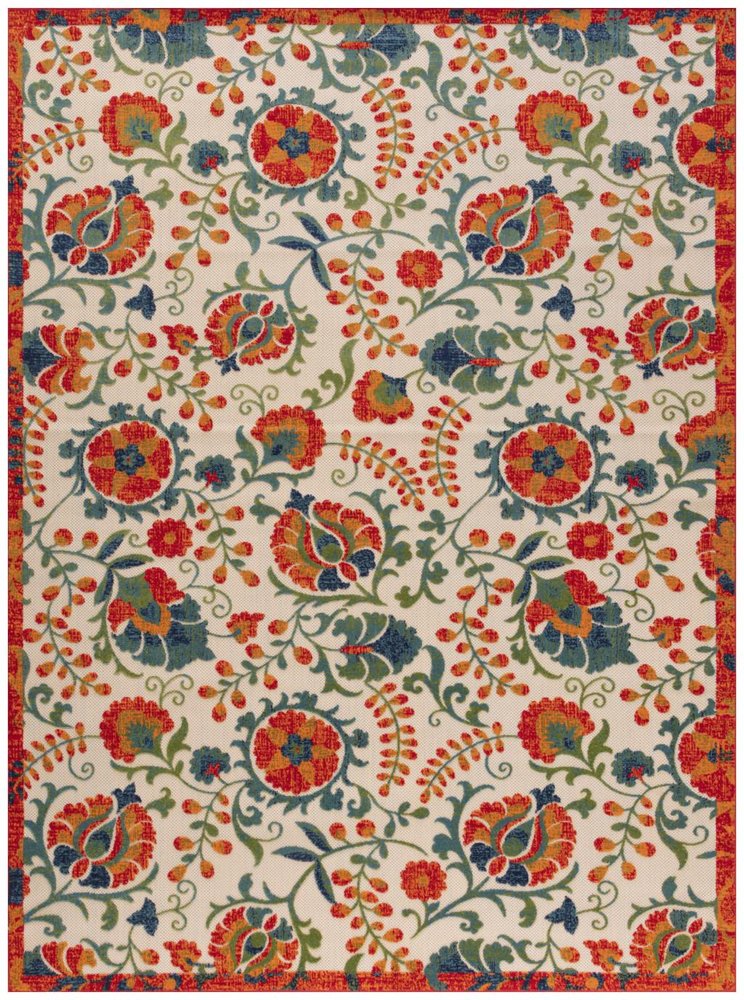 9' X 12' Ivory Red Blue And Green Floral Indoor Outdoor Area Rug HomeRoots