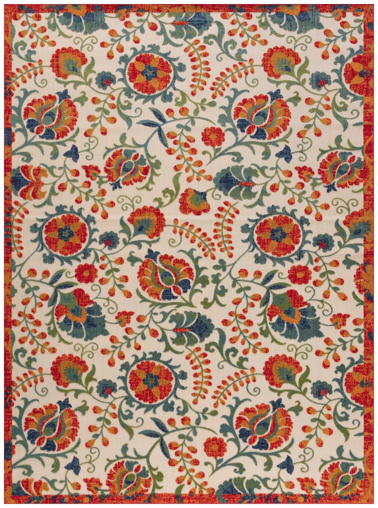 9' X 12' Ivory Red Blue And Green Floral Indoor Outdoor Area Rug HomeRoots