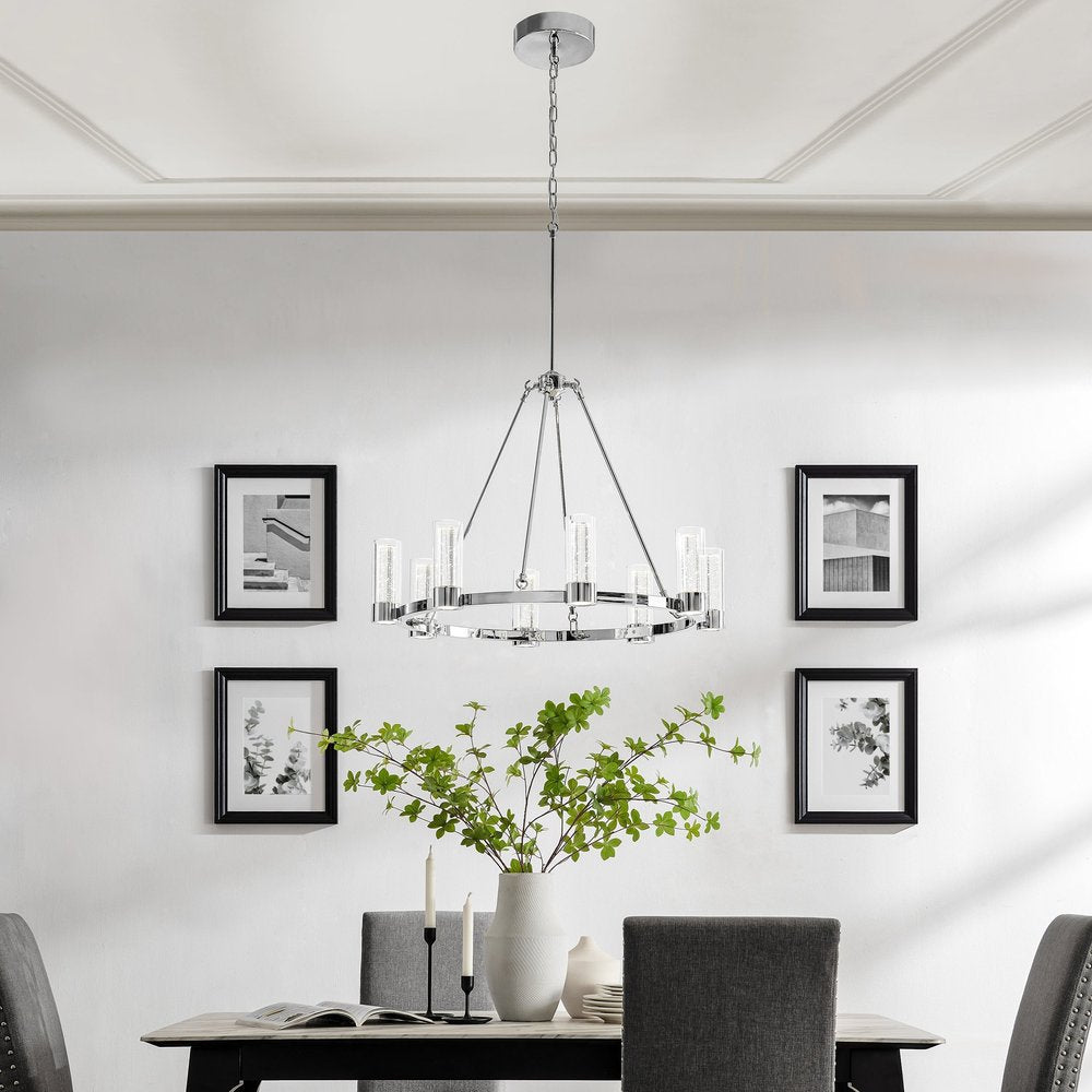 Silver And Clear Candle Style Eight Light Metal Dimmable Smart Enabled Chandelier With Clear Shades HomeRoots