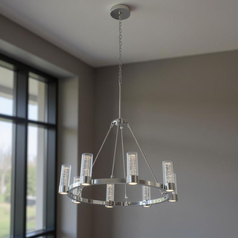 Silver And Clear Candle Style Eight Light Metal Dimmable Smart Enabled Chandelier With Clear Shades HomeRoots