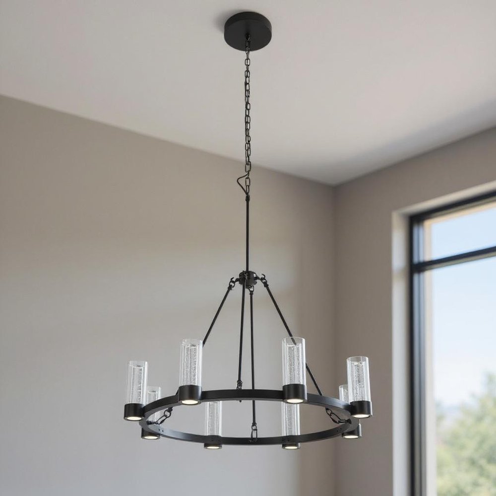 Black And Clear Candle Style Eight Light Metal Dimmable Smart Enabled Chandelier With Clear Shades HomeRoots