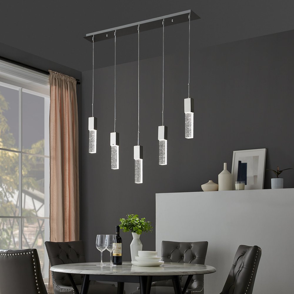 Silver And Clear Five Light Transparent Metal Dimmable Smart Enabled Chandelier With Clear Shades HomeRoots