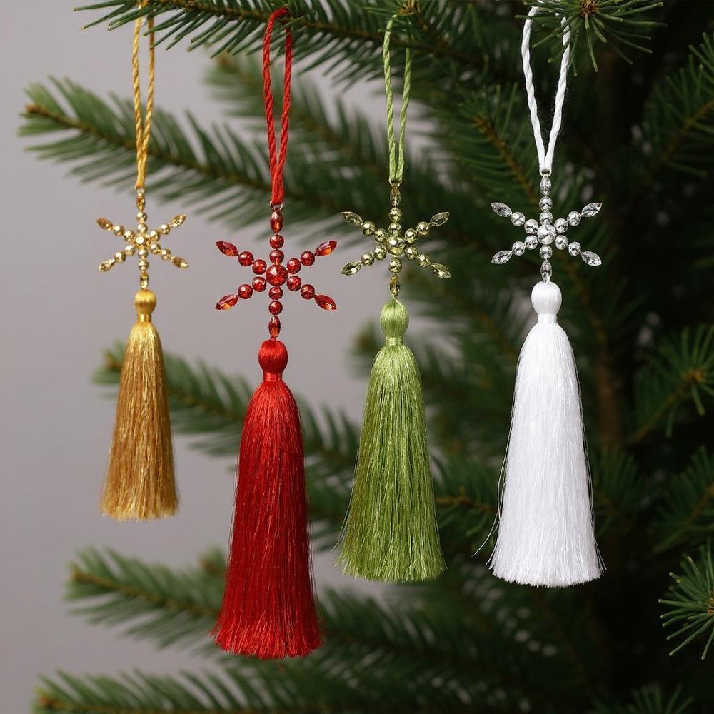 Set of Four Gold Green Red And White Handmade Snowflake With Tassel Ornaments HomeRoots
