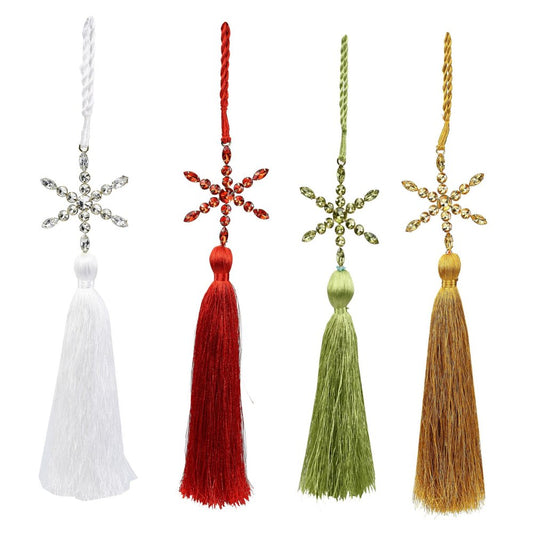Set of Four Handmade Gold Green Red And White Acrylic Tassel Ornament s HomeRoots