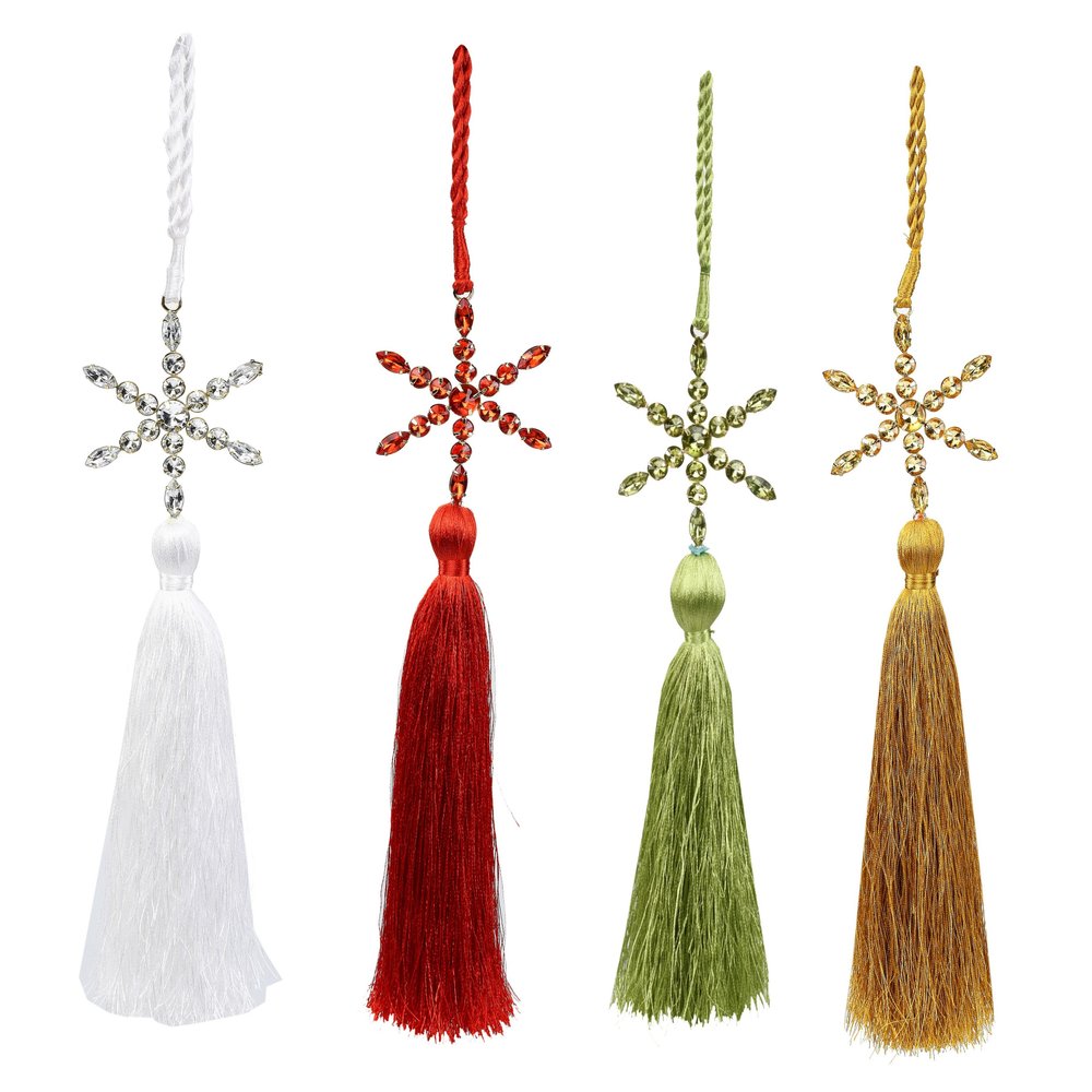 Set of Four Gold Green Red And White Handmade Snowflake With Tassel Ornaments HomeRoots
