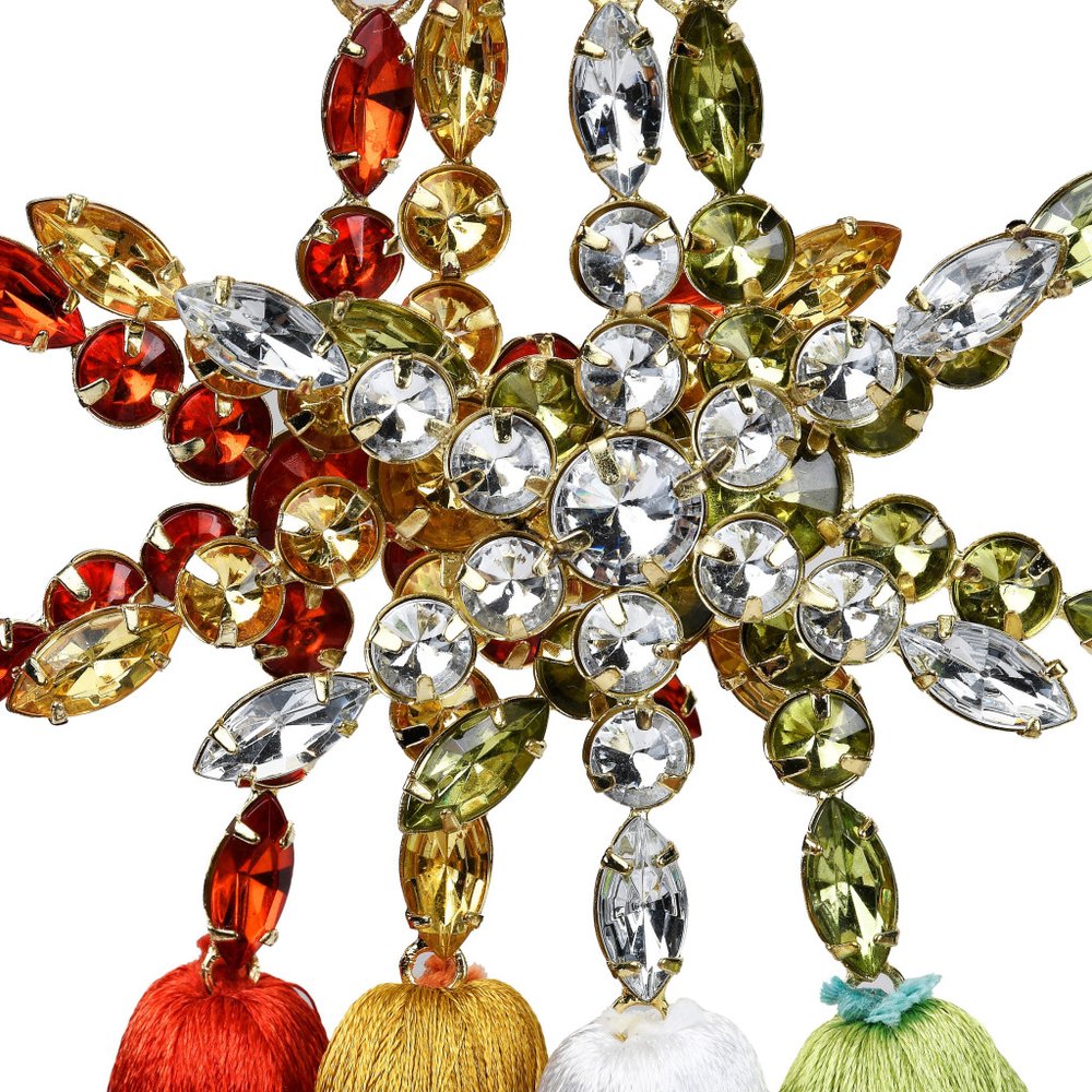 Set of Four Gold Green Red And White Handmade Snowflake With Tassel Ornaments HomeRoots