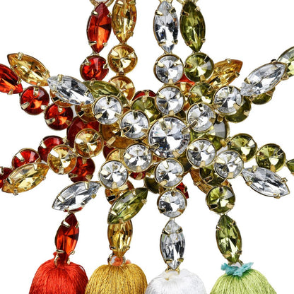 Set of Four Gold Green Red And White Handmade Snowflake With Tassel Ornaments HomeRoots