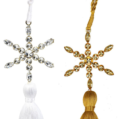 Set of Four Gold Green Red And White Handmade Snowflake With Tassel Ornaments HomeRoots