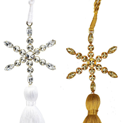 Set of Four Handmade Gold Green Red And White Acrylic Tassel Ornament s HomeRoots