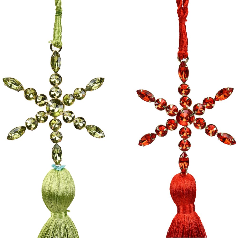 Set of Four Gold Green Red And White Handmade Snowflake With Tassel Ornaments HomeRoots