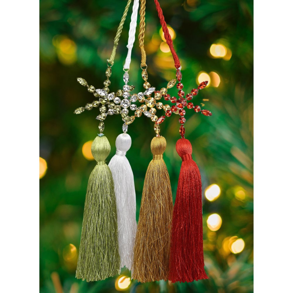 Set of Four Gold Green Red And White Handmade Snowflake With Tassel Ornaments HomeRoots