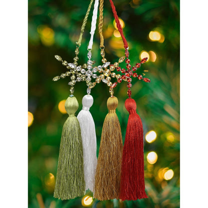 Set of Four Gold Green Red And White Handmade Snowflake With Tassel Ornaments HomeRoots