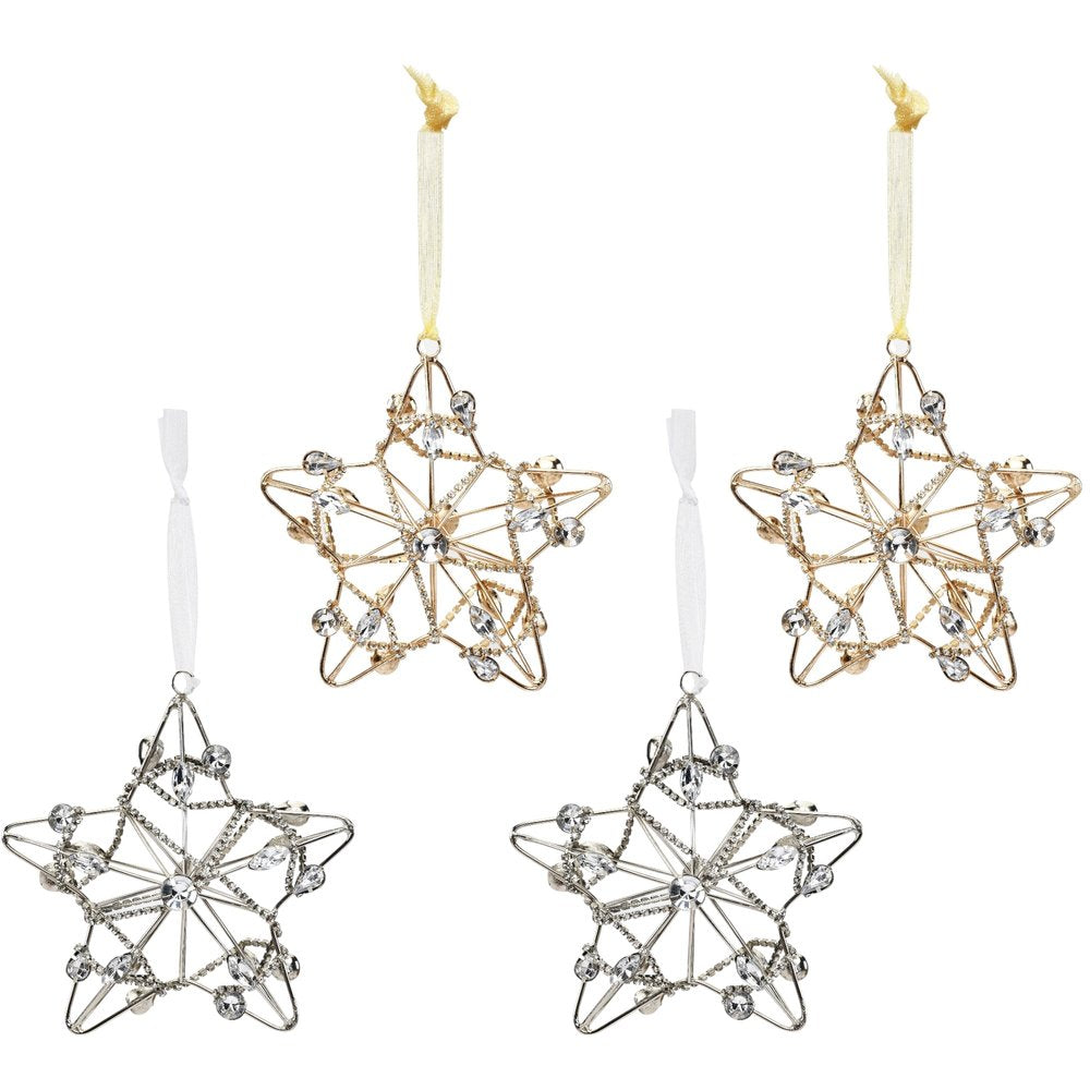 Set of Four Gold And Silver Handmade Faux Crystal And Metal Hanging Star Ornaments HomeRoots
