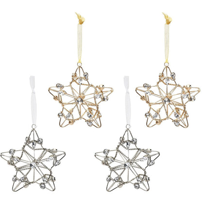 Set of Four Gold And Silver Handmade Faux Crystal And Metal Hanging Star Ornaments HomeRoots
