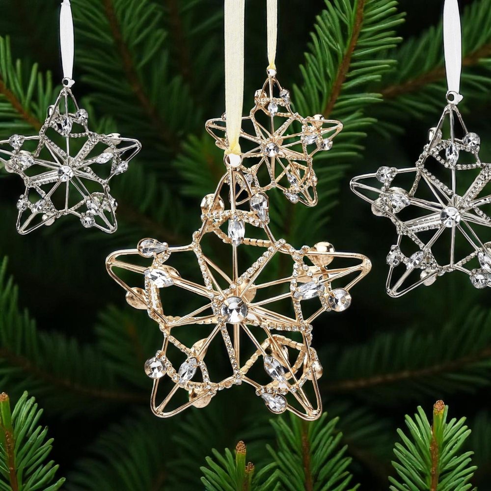 Set of Four Gold And Silver Handmade Faux Crystal And Metal Hanging Star Ornaments HomeRoots