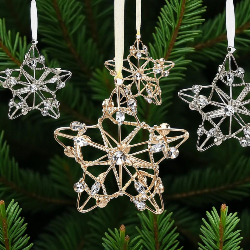 Set of Four Gold And Silver Handmade Faux Crystal And Metal Hanging Star Ornaments HomeRoots