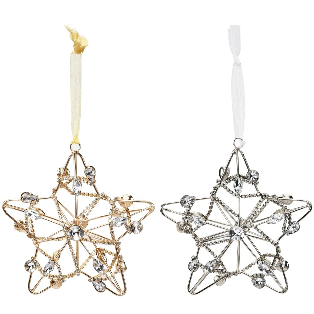 Set of Four Gold And Silver Handmade Faux Crystal And Metal Hanging Star Ornaments HomeRoots