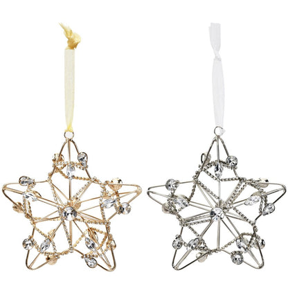 Set of Four Gold And Silver Handmade Faux Crystal And Metal Hanging Star Ornaments HomeRoots