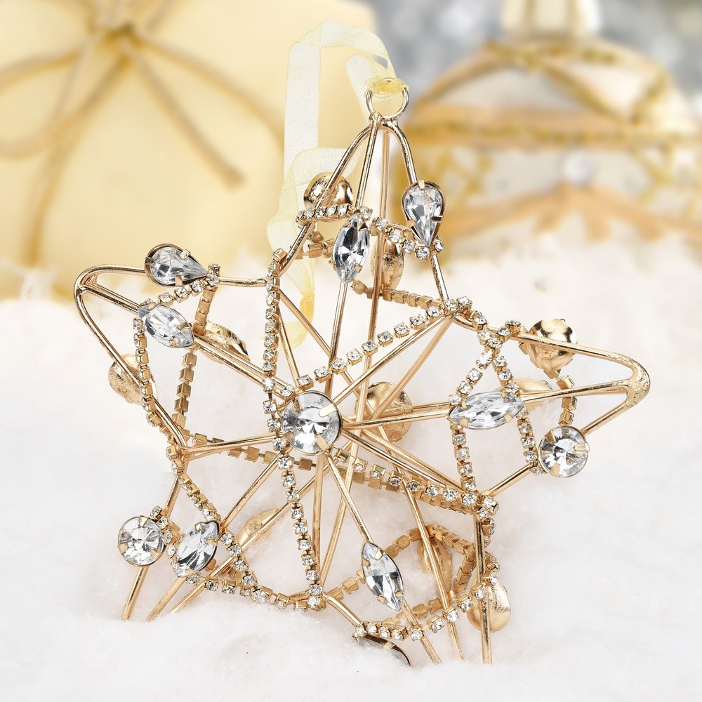 Set of Four Gold And Silver Handmade Faux Crystal And Metal Hanging Star Ornaments HomeRoots