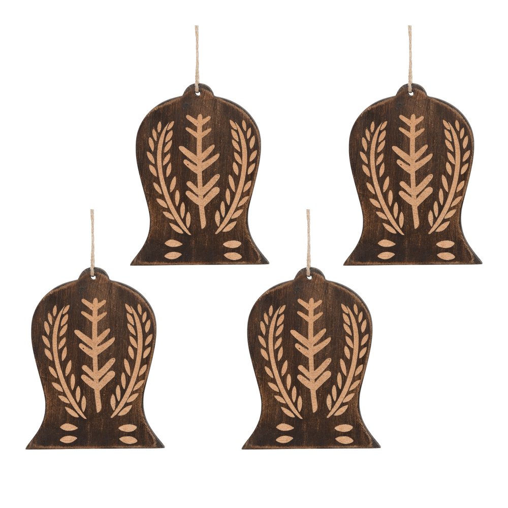 Set of Four Brown Handmade Wood Bell Shaped Ornaments HomeRoots