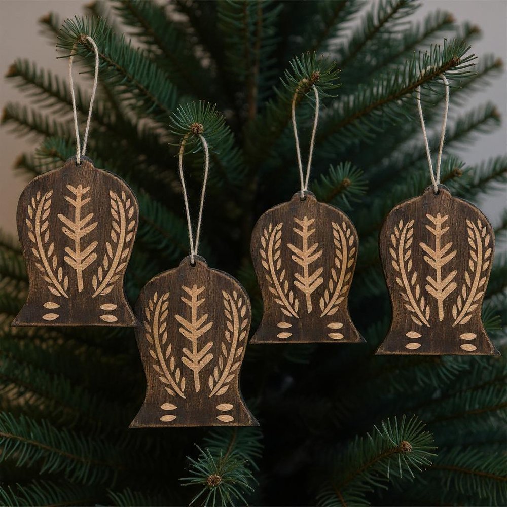 Set of Four Brown Handmade Wood Bell Shaped Ornaments HomeRoots