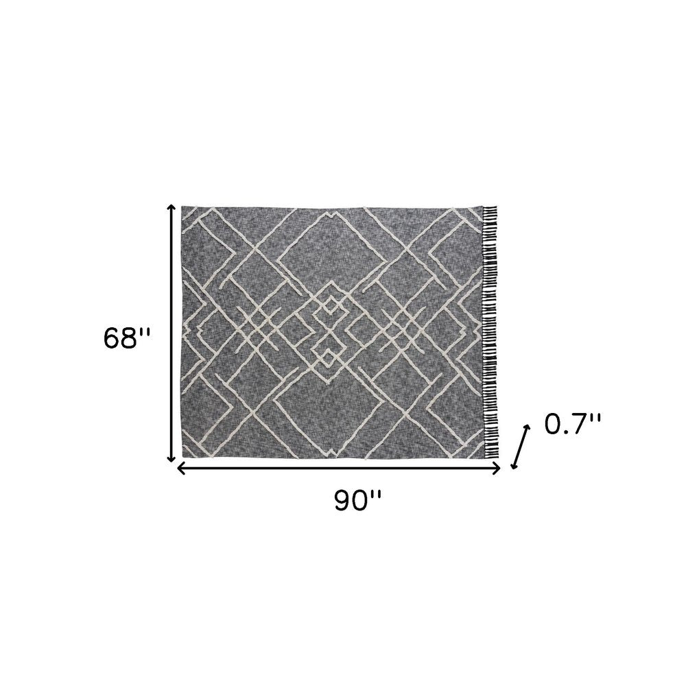 Charcoal and Off White Geometric King Cotton Coverlet With Fringe HomeRoots
