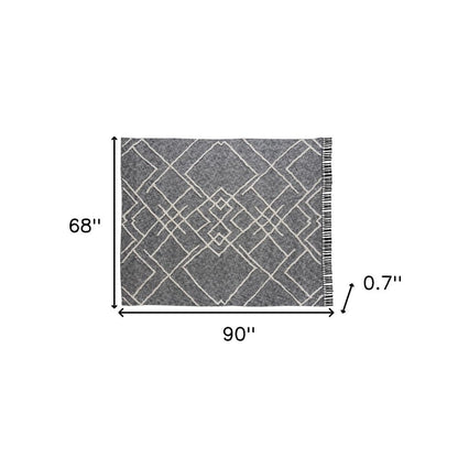 Charcoal and Off White Geometric King Cotton Coverlet With Fringe HomeRoots