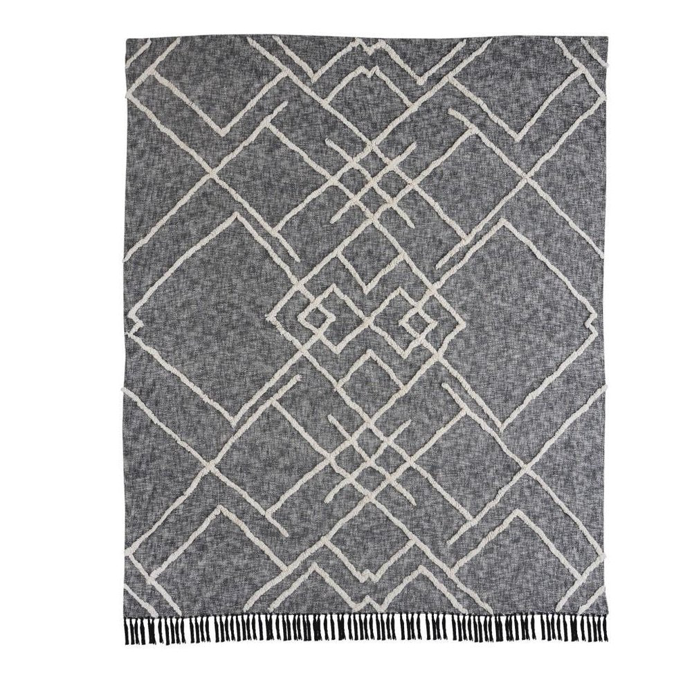 Charcoal and Off White Geometric King Cotton Coverlet With Fringe HomeRoots