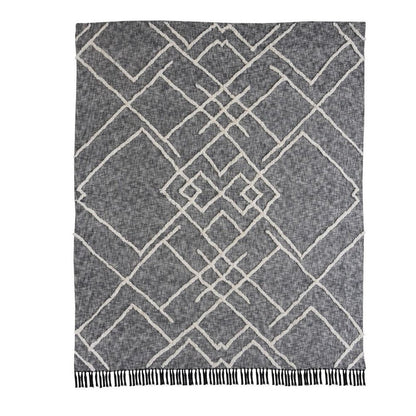 Charcoal and Off White Geometric King Cotton Coverlet With Fringe HomeRoots