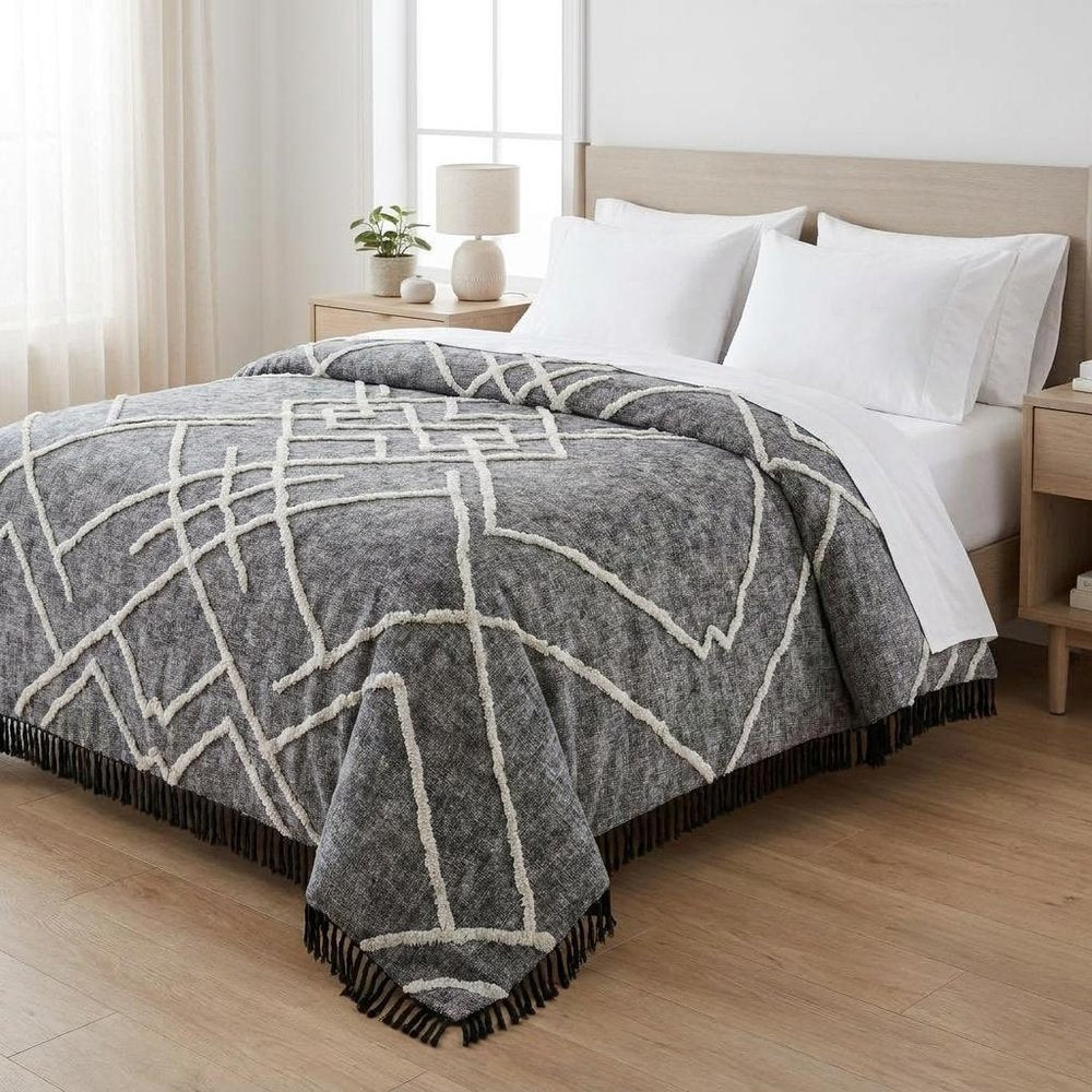 Charcoal and Off White Geometric King Cotton Coverlet With Fringe HomeRoots