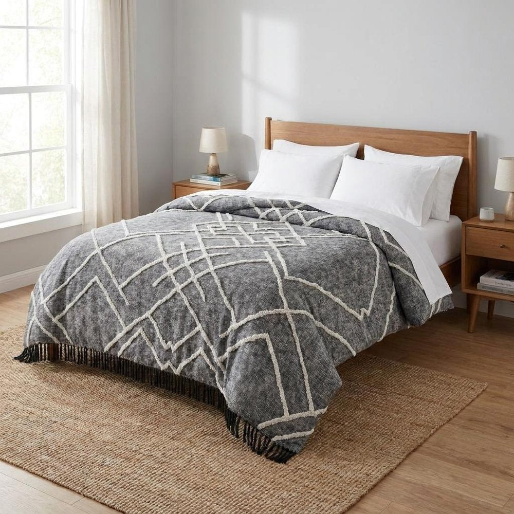 Charcoal and Off White Geometric King Cotton Coverlet With Fringe HomeRoots