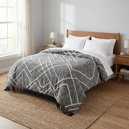 Charcoal and Off White Geometric King Cotton Coverlet With Fringe HomeRoots