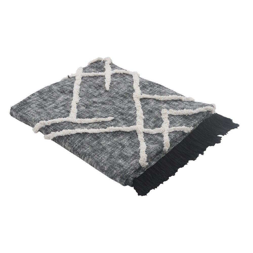 Charcoal and Off White Geometric King Cotton Coverlet With Fringe HomeRoots